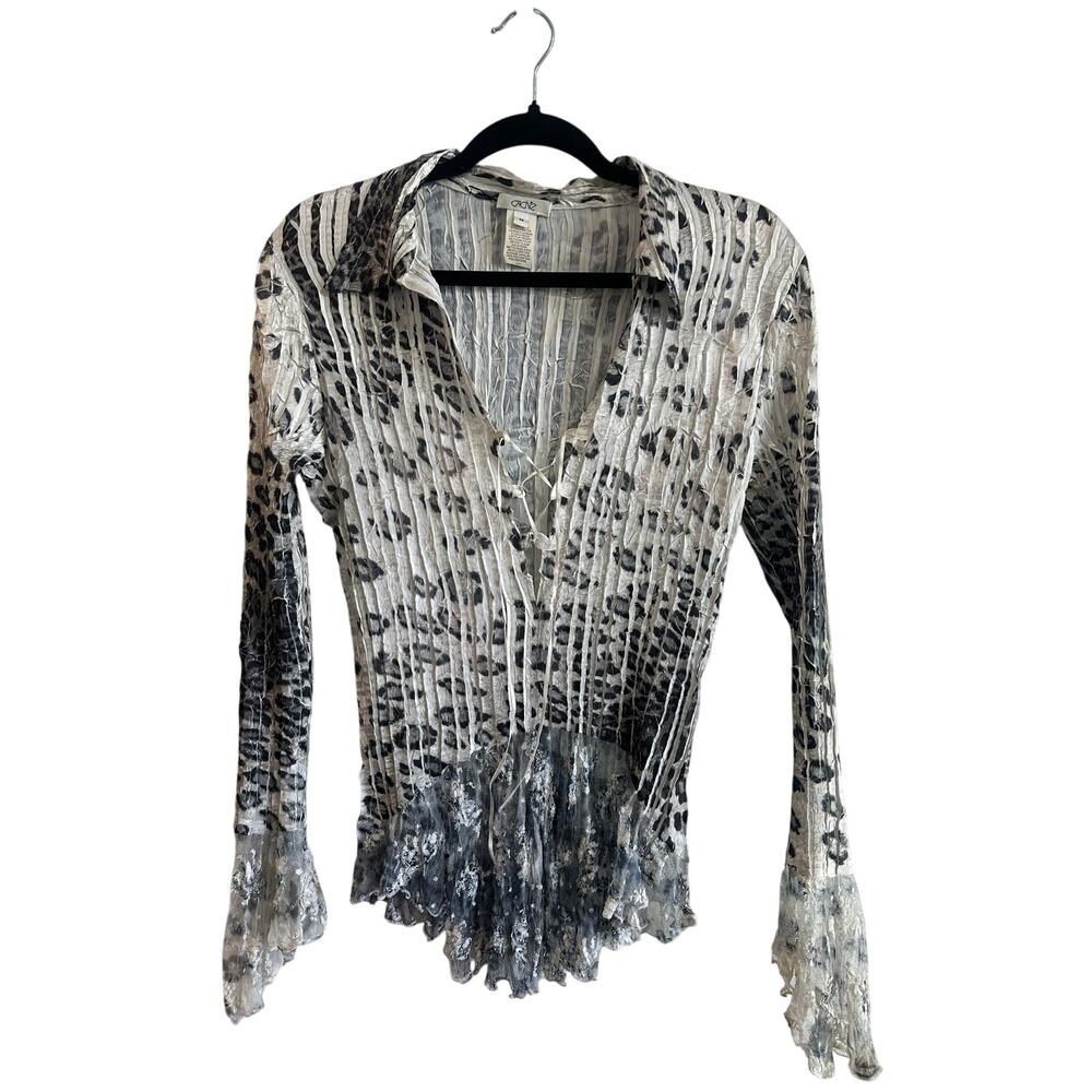 Cache Y2K Vintage Longsleeve Blouse Lace Up Leopard Print Shiny Lace Hem Sz M